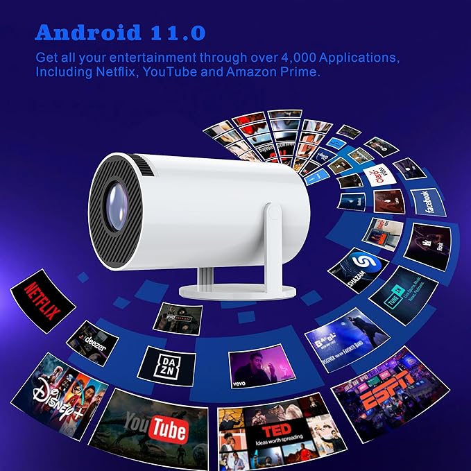 جهاز عرض صغير محمول 5G واي فاي 6 بلوتوث 5.0 اندرويد 11، جهاز عرض 4K 1080P FHD يدعم 8000 لومن، جهاز عرض LED تلقائي لتصحيح الانحراف الافقي بدوران 180 درجة للهاتف