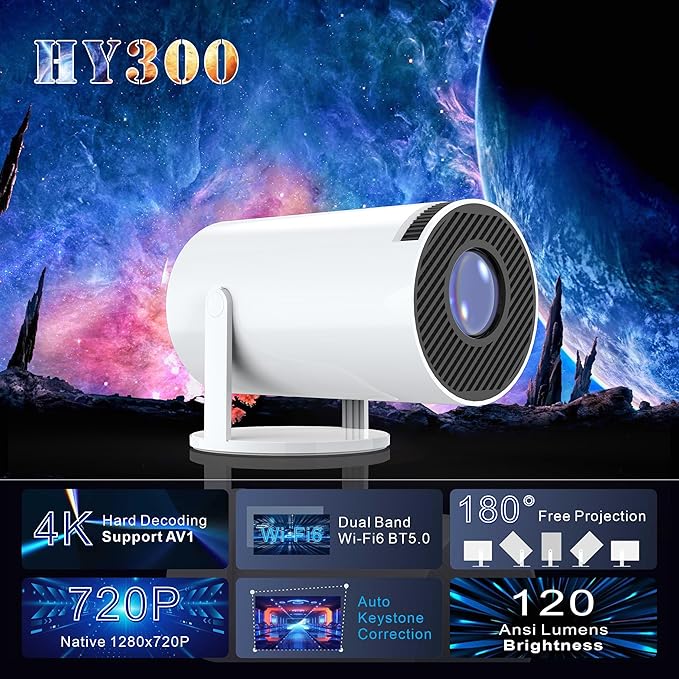 جهاز عرض صغير محمول 5G واي فاي 6 بلوتوث 5.0 اندرويد 11، جهاز عرض 4K 1080P FHD يدعم 8000 لومن، جهاز عرض LED تلقائي لتصحيح الانحراف الافقي بدوران 180 درجة للهاتف